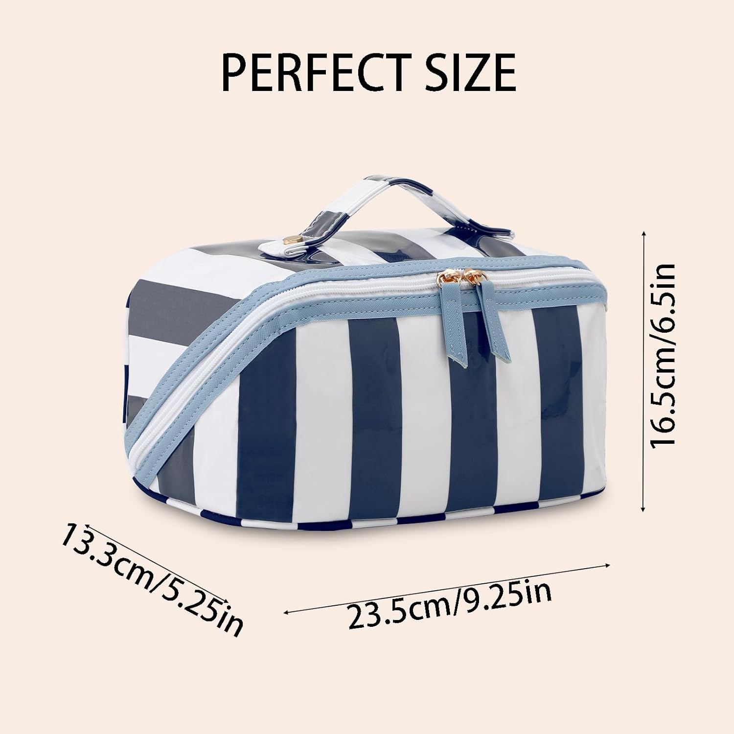 DYSHAYEN Stripe Travel Makeup Bag with Compartments Clear Coated Cosmetic Bag for Women, Waterproof Portable Open Flat Toiletry bag （White-Navy）