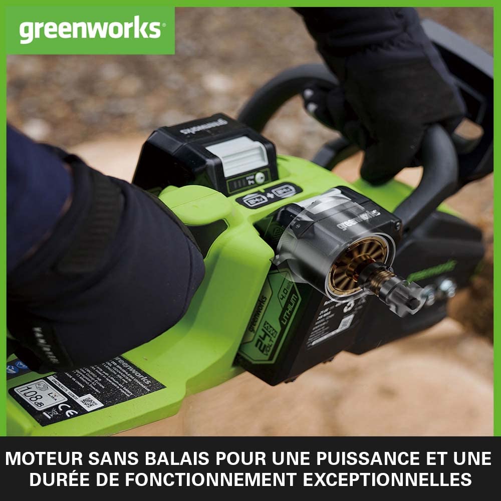 Greenworks 48V (24V x 2) Tronçonneuse à Batterie Moteur Sans Balais, Longueur des barres 35cm, Vitesse 20 m/s, Graisseur Automatique, 2 Batteries 24V 4Ah et Chargeur Double, Garantie 3 An
