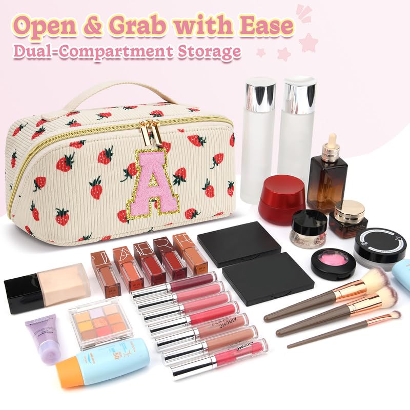 Personalized Travel Makeup Bag Set,Initial Travel Cute Strawberry Makeup Organizer Bag,Toiletry Skincare Cosmetic Bag Gifts for Women/Girls,Open Flat Toiletry Pouch with Brush Pocket-Strawberry T4