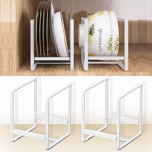 MINGFANITY 4 soportes organizadores de platos, estante de metal para almacenamiento de platos para gabinete, mostrador y armario, blanco, 4 pequeños