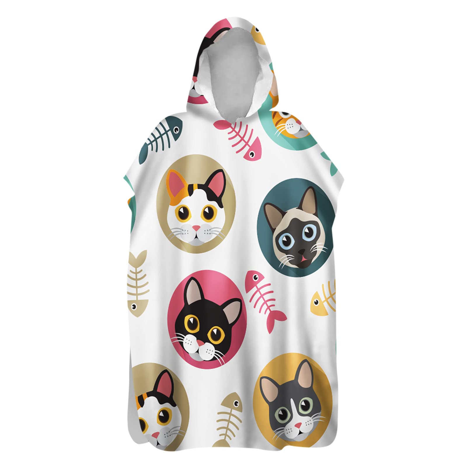 Chickwin Changing Dry Robe Towel Poncho for Adult Kid, Cat Printed Poncho with Hooded Swim Beach Towel Microfibre Beach Surfing Swimming Robe (Fish bones,80x145cm)