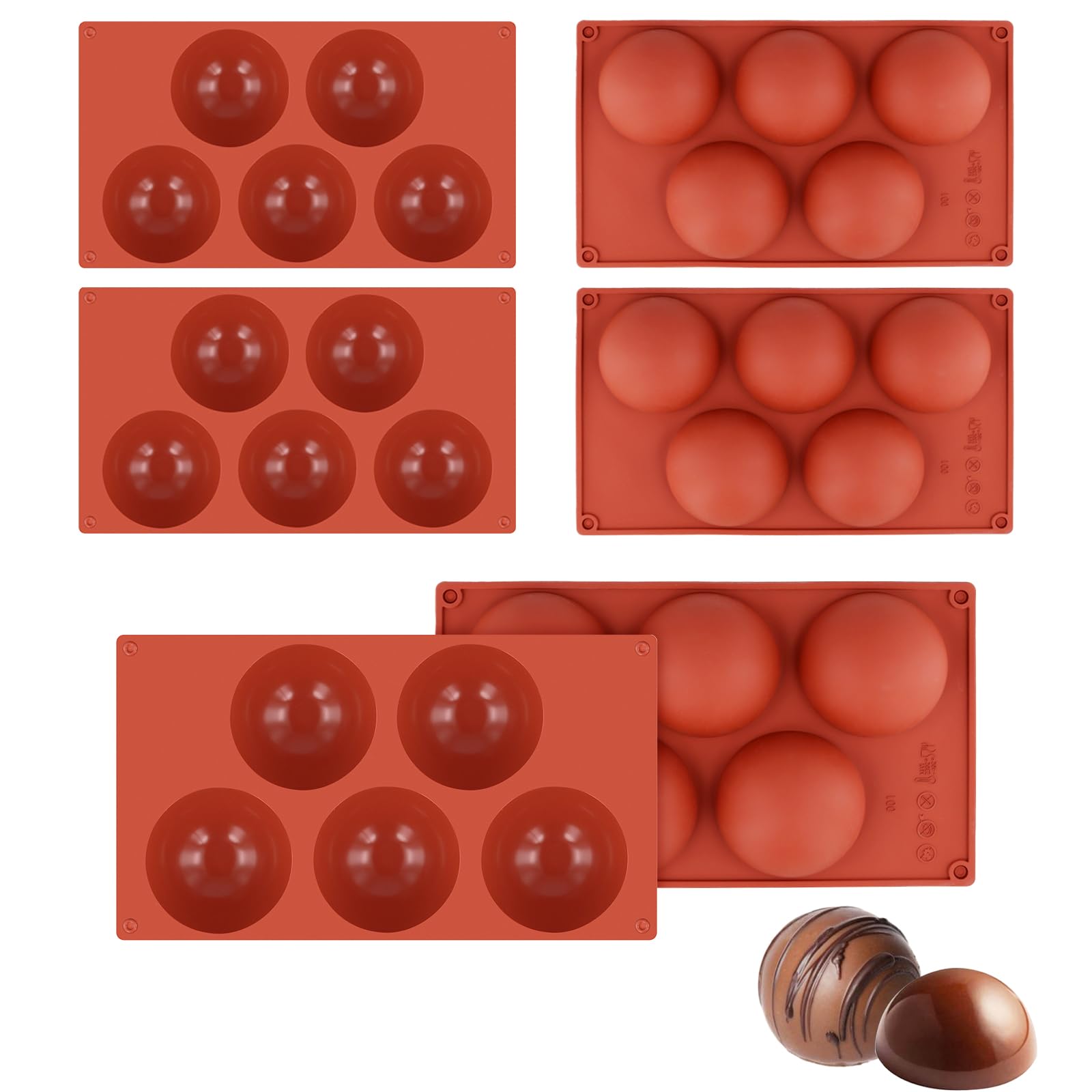 6 Stampi in Silicone Grandi a 5 Fori, Stampo per Torta Rotondo in Silicone Per Bombe al Cioccolato, Torte, Mousse a Cupola, Budini, Marrone (29 x 17 x 3,7 cm)