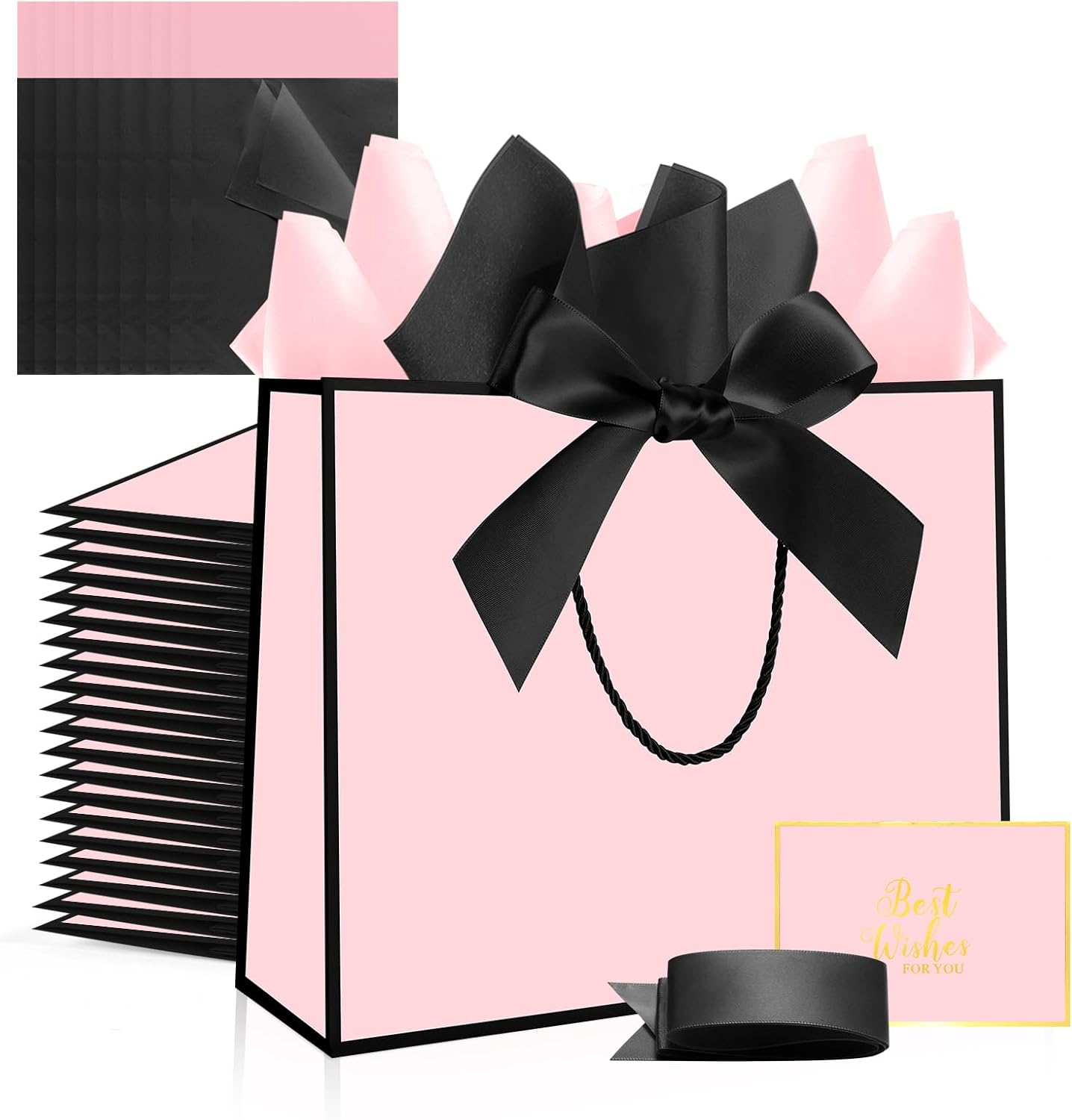 Ethhqu 12 Pack Gift Bags with Handles, Medium Size 12.6x10x4'' - Includes 24 Tissue Paper, Bows Ribbon & Cards for Wedding, Bridesmaids, Birthday,Thank You, Valentine‘s Day & Holiday (Pink and black gift bags)