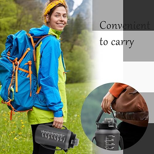 Miniatura 9 de Botella de agua plegable de 64 onzas con popote y marcador de tiempo motivacional, botella de silicona reutilizable de medio galón con cuerda de asa