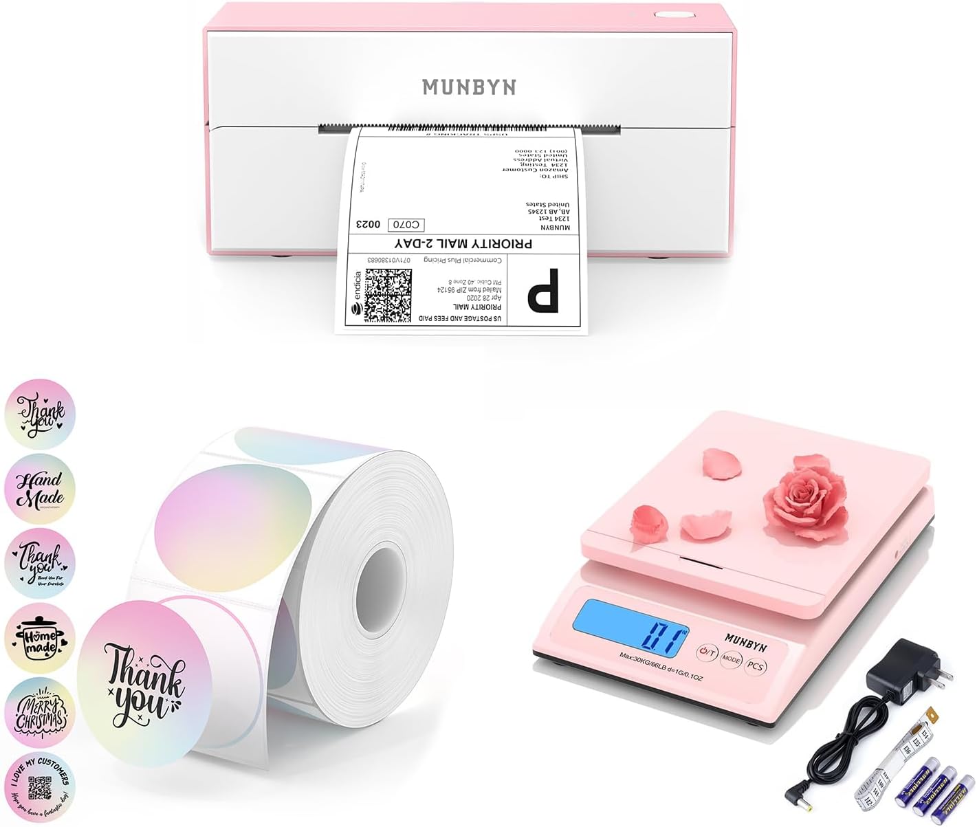MUNBYN Bluetooth Thermal Label Printer, 4x6 Shipping Label Printer+2 Inch Circle Thermal Sticker Labels+Shipping Scale, Accurate 66lb/0.1oz Postal Scale with Sweet Pink Style