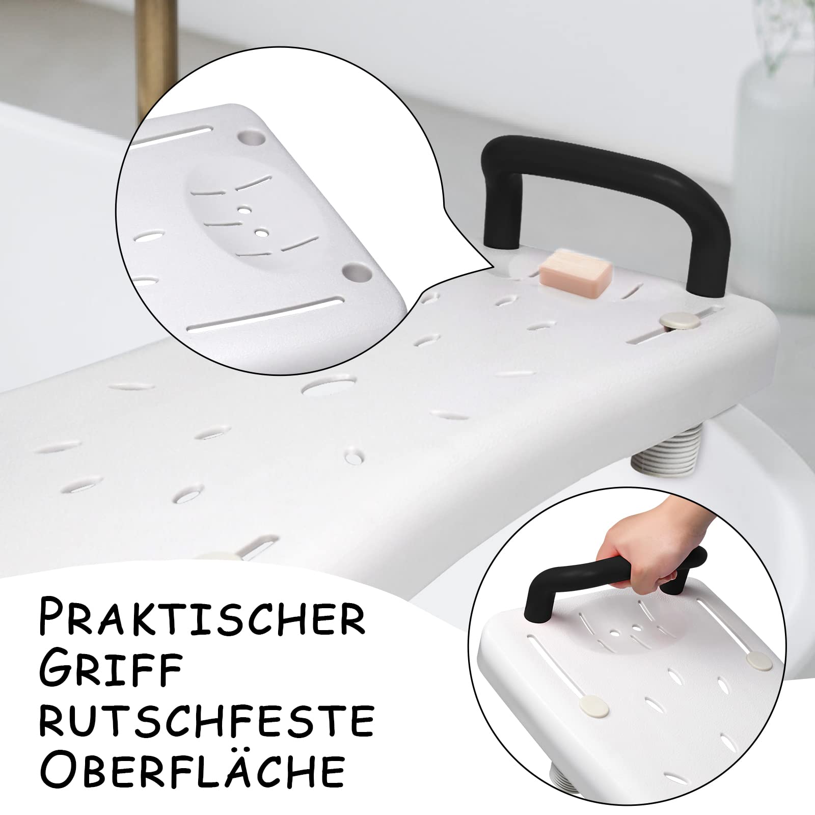 Siège de bain pour personnes âgées, planche de bain pour s'asseoir, 70 x 31 cm, réglable de 41 à 63 cm, pour baignoire, planche blanche, plastique PP, poignée noire, poignée jusqu'à 150