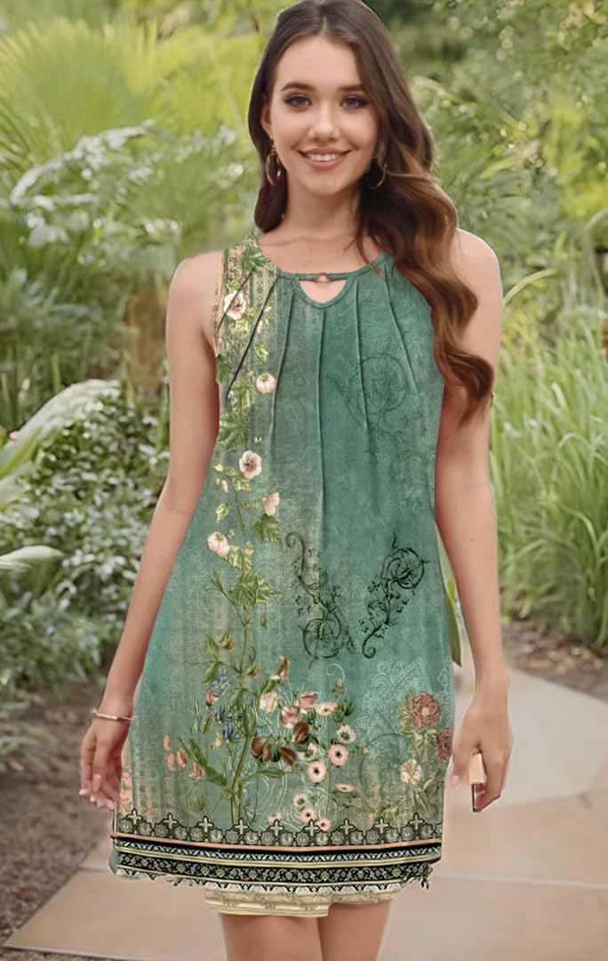 Pleated Front Summer Dresses for Women 2025 Casual Beach Floral Print Sundress Boho Tank Dress - Image 5