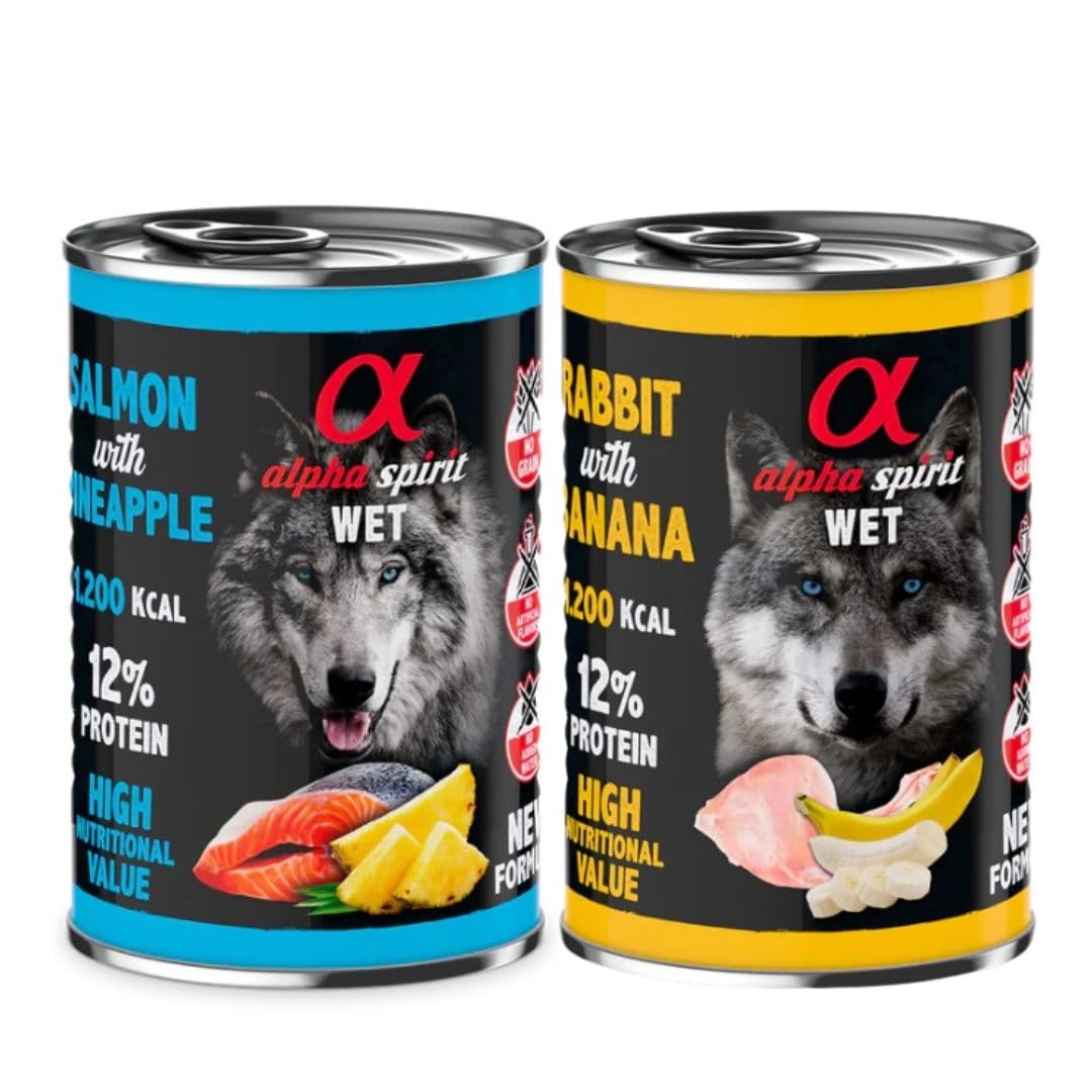 Alpha Spirit Pack 12 puszek mokre jedzenie dla psa 400 g chondroprotector (12x400 gr, 6x królik z bananem 6x łosoś z ananasem)