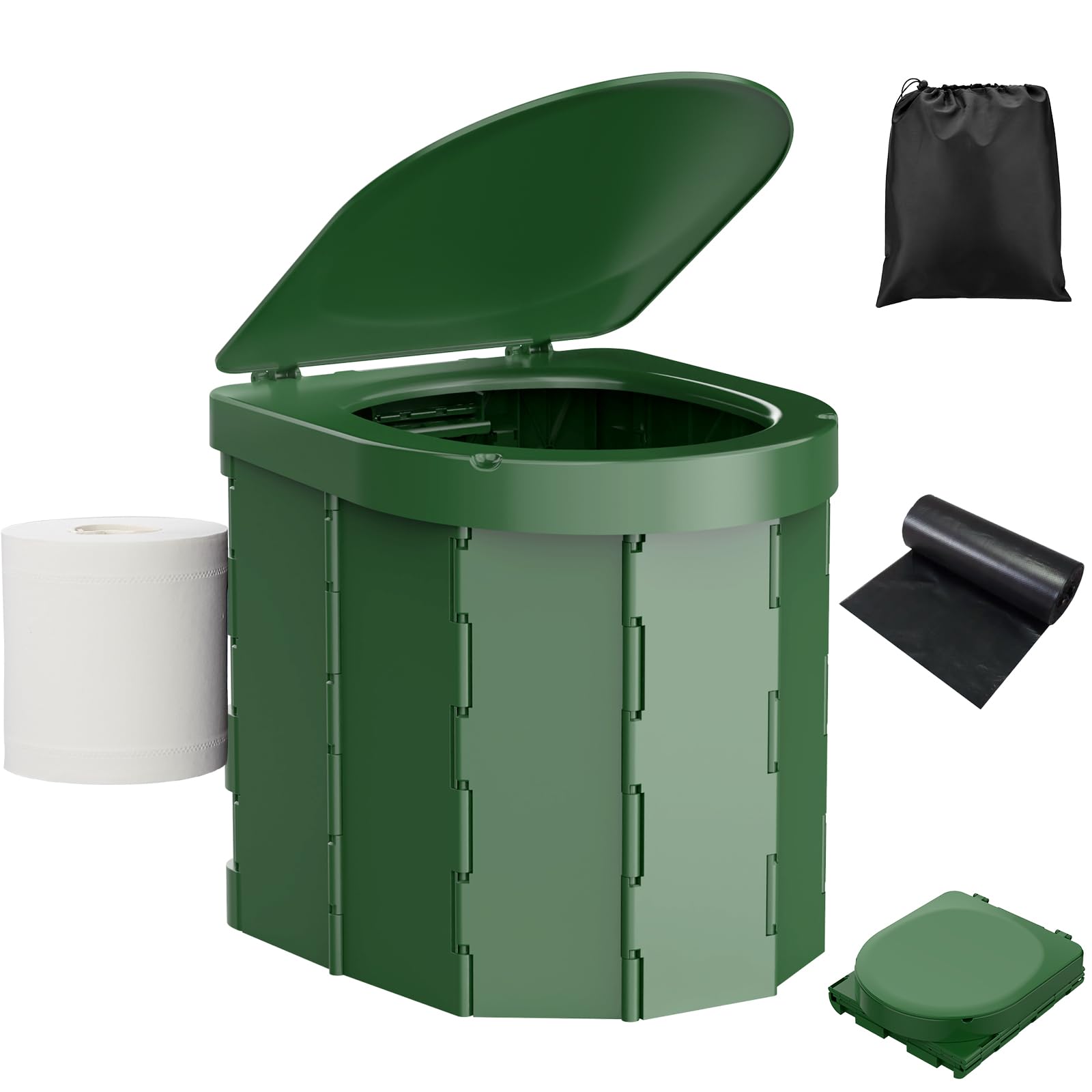 WADEO WC da Campeggio aggiornato, Portatile per Adulti, Pieghevole con Coperchio e portarotolo, Perfetto per Viaggio, Auto (Verde)