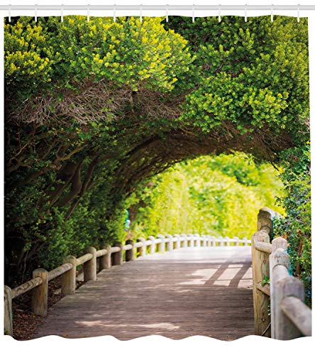 ABAKUHAUS Forest Shower Curtain, Nature Boardwalk Through Green Archway Bridge Foliage Trees Sunny Summer Day - Image 2