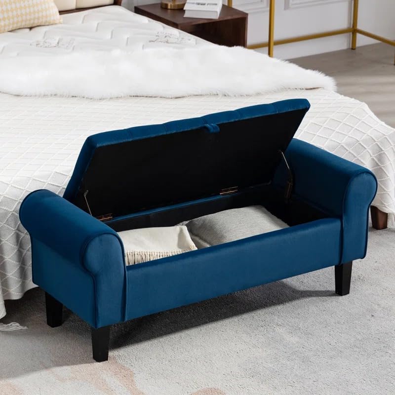 Image of Rolled Arm Storage Ottoman Bench | Tufted Velvet Sofa Bench with Hidden Storage | 2 Seater Bedroom Living Room Window Seating | Upholstered Lounge Bench Footrest End of Bed Seat | Blue