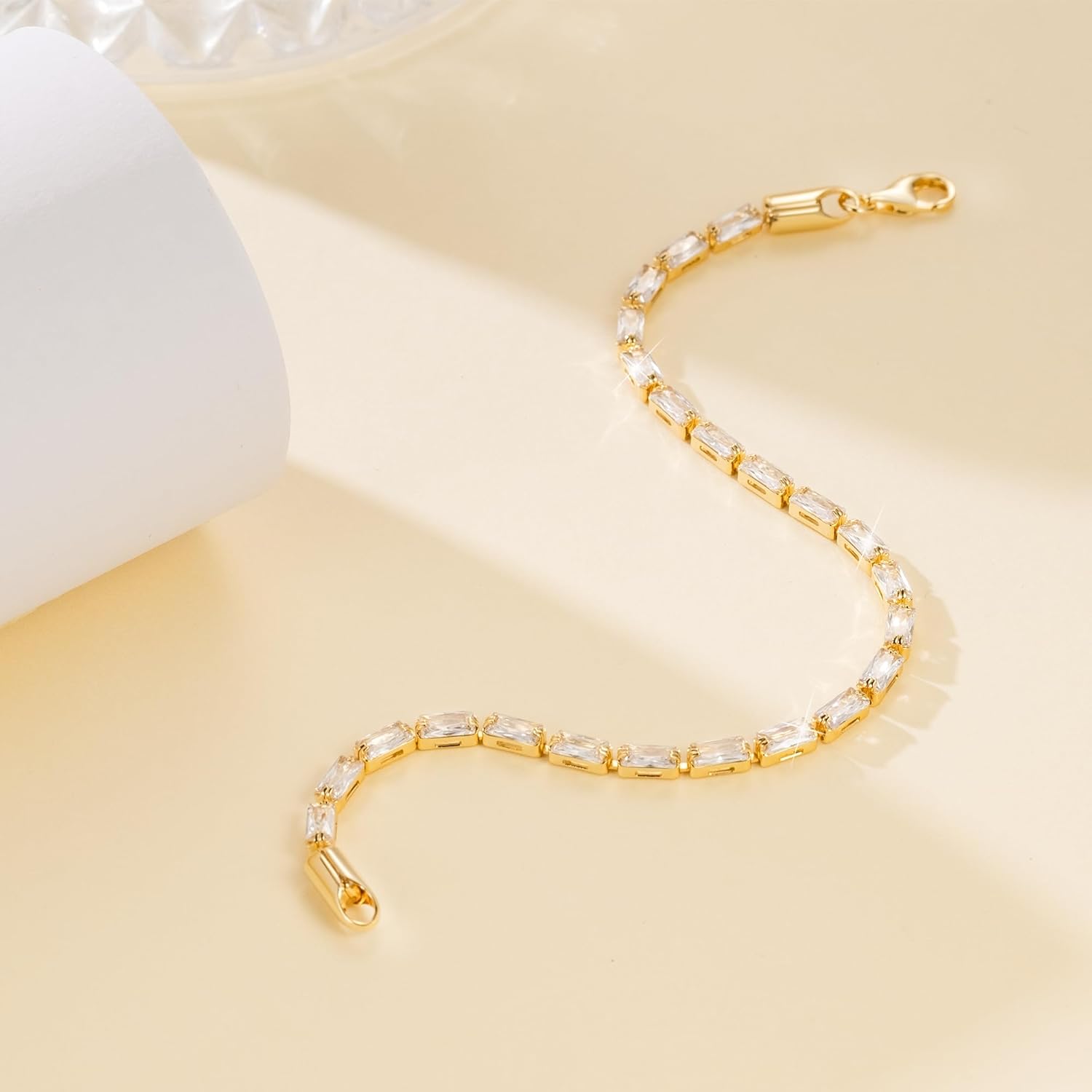 14K Gold Bracelets for Women Rectangle Cubic Zirconia Dainty Bracelet Non-Tarnish Gold Tennis Bracelets for Women Jewelry Unisex Sizes 6.5-9 Inches - Image 2