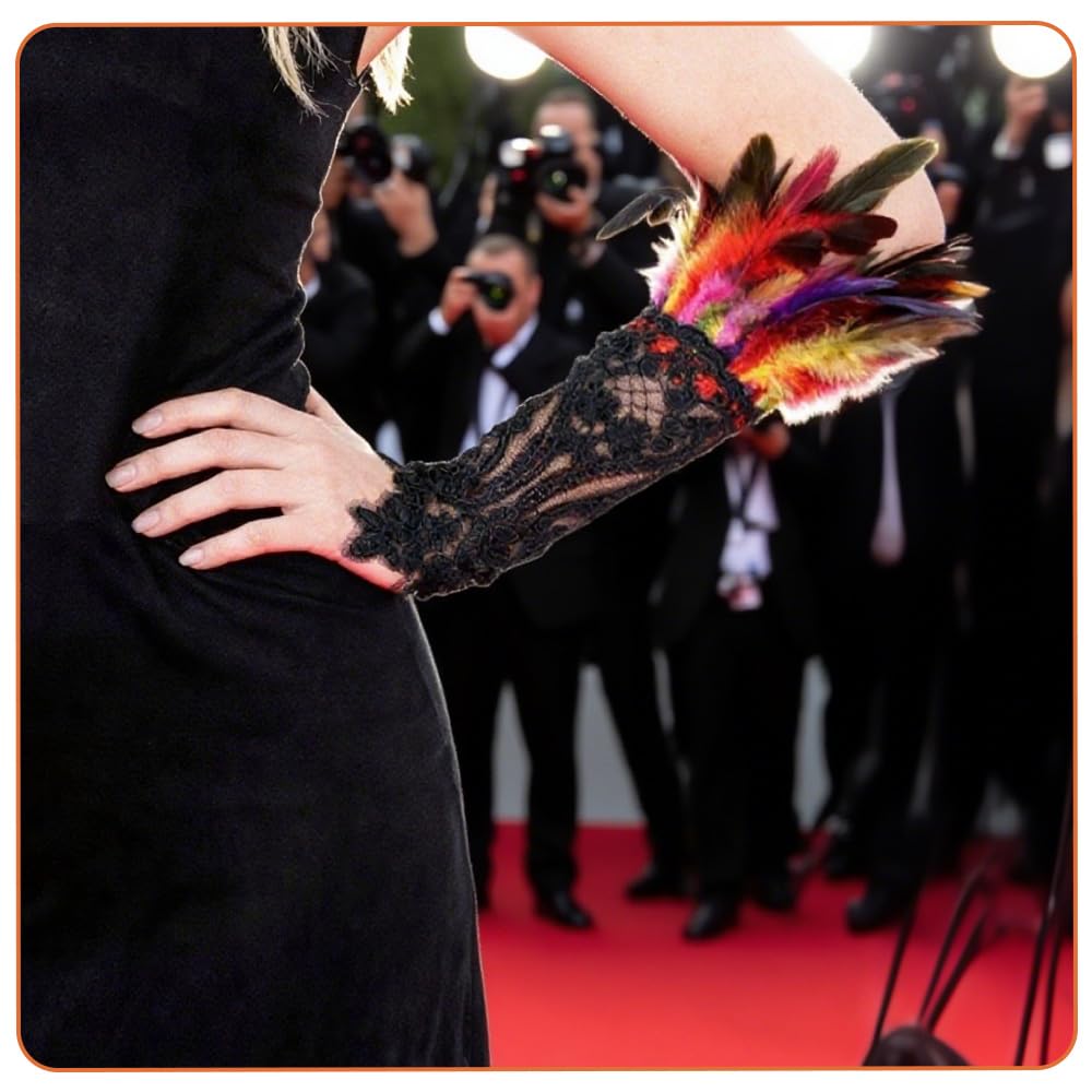 ZSUIQIN 1 Pair Feather Wrist Cuffs,Feather Gloves,Long Lace Fingerless Gloves,Suitable for Bonfire Nights Celebrations - Image 2