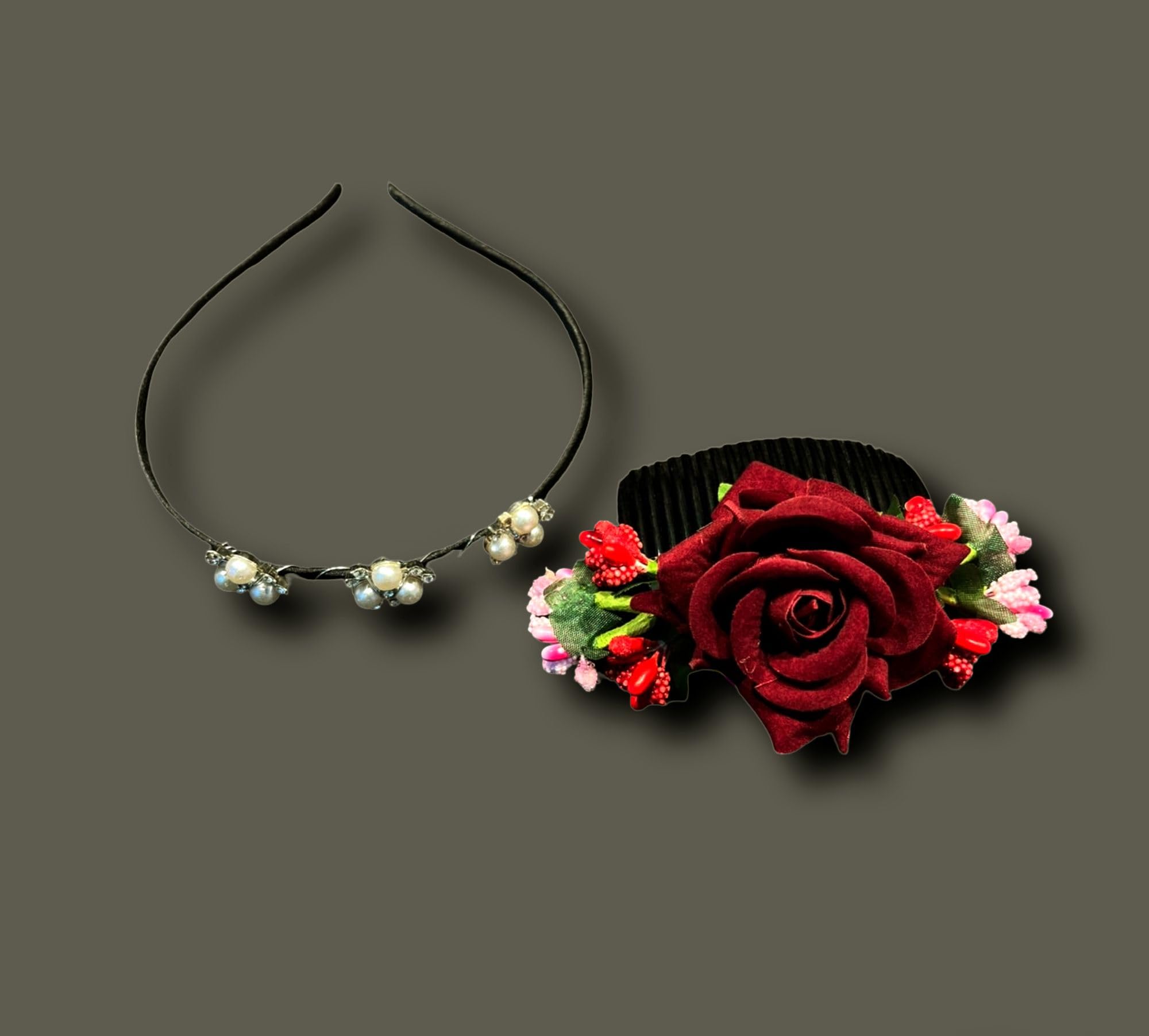 Floral Hair Comb with Red Rose, Pearl Accents, Black, Decorative Wedding Hair Accessory, Pink Blossoms, Green Leaves