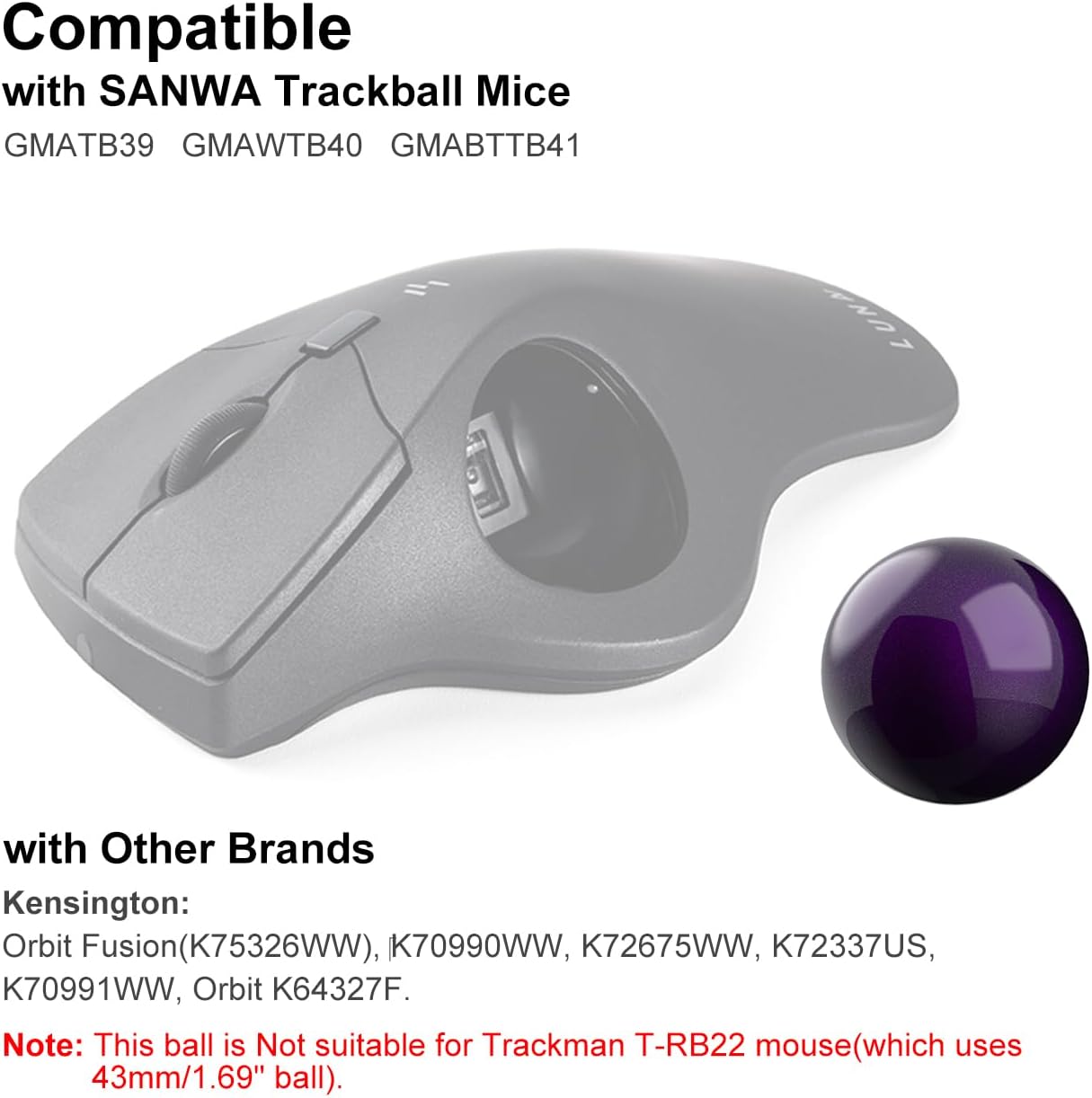 SANWA 40mm/1.57in Trackball, Replacement Ball GMATB39, GMAWTB40, GMABTTB41, Kensington Orbit Fusion, and Other Compatible Trackball Mice, Glossy Purple image 4