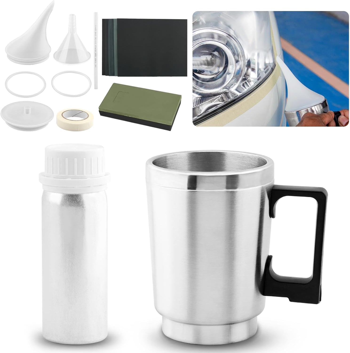Car Headlight Restoration Kit, Auto Headlight Lens Polish Repair Kit Atomizing Cup Headlight Renovation Tool Auto Restore Kit, Headlight Restoration Wipe & Washer Kit