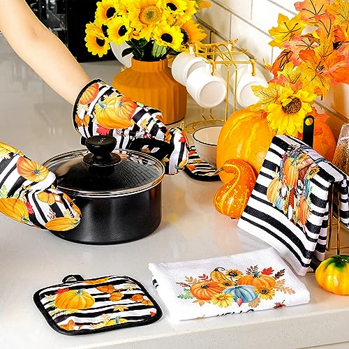 Bencailor 6 Pcs Fall Pumpkin Oven Mitts and Kitchen Towel Sets Vintage Autumn Kitchen Dish Soft Absorbent Pumpkin Pot Holders for Cooking Baking Grilling Supply Thanksgiving Harvest (Striped) - Image 3