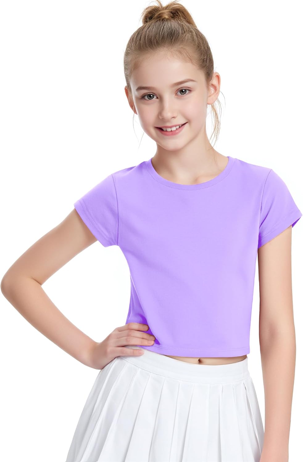 Auranso Girls Crop Tops Summer Short Sleeve Round Neck T Shirts Basic Tee for Kids - Image 2