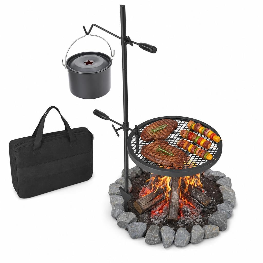 Aptliton Swivel Campfire Grill, Open Fire Grate Pit, Over Fire Camp Grill with Carrying Bag for Outdoor Camping Barbecue
