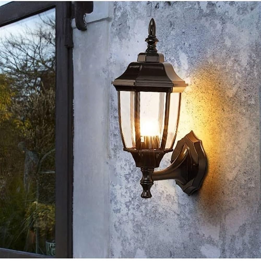 Lampa ścienna na ganek zewnętrzny, wodoodporny, kolor czarny, antykorozyjny, z przezroczystą szklaną podstawą E26/E27, idealna do domu, garażu, drzwi wejściowych.