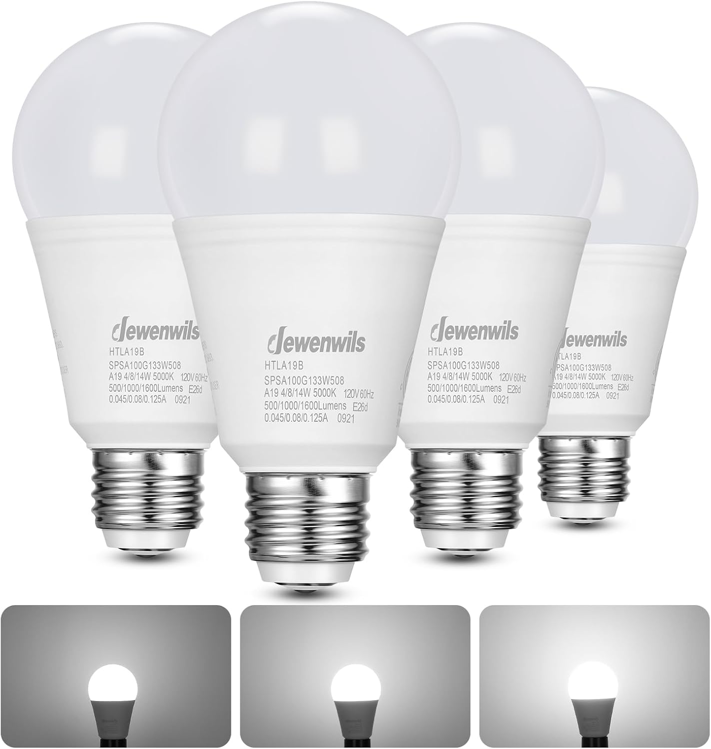 DEWENWILS 3-Way LED Light Bulbs, 40/60/100W Equivalent, A19 LED Bulbs, 5000K Daylight White Glow, E26 Medium Base, 500/1000/1600LM Bright Light Bulbs, Non-dimmable, ETL Listed, 4-Pack