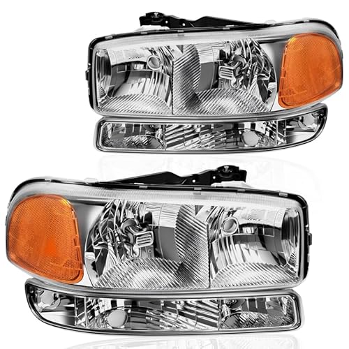 DWVO Headlights Assembly Compatible with 1999-2006 GMC Sierra 1500/2500, 07 Sierra 1500/1500HD/2500HD/3500 Classic, 00-06 GMC Yukon/Yukon XL Headlamp Amber Reflector Clear Lens Chrome Housing