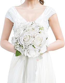 Wedding Bouquet for Bride - Premade Simple Artificial Roses Flowers for Bridal Shower Destination Ceremony Anniversary Decorations - White