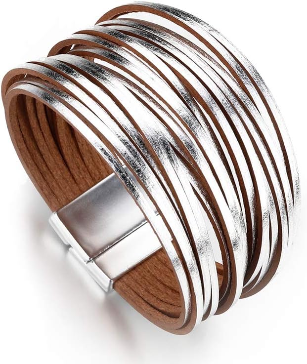 FescioryLeather Wrap Bracelets for Women, Boho Leopard Multi-Layer Crystal Beads Cuff Bracelet Jewelry