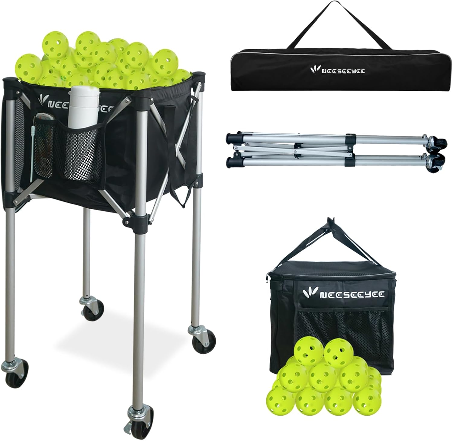 Pickleball Capacity Wheeled cart - Pickleball Storage Bag - Pickle Ball Equipment for Practice - Pickleball Training - Tennis Ball Hopper - Tennis Ball Caddy-with Water Bottle Holder