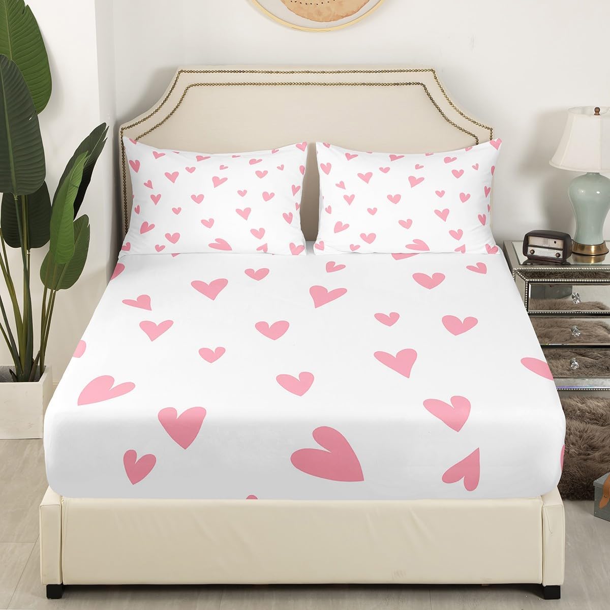 Girls Cute Love Heart Sheet Set Kids Lovely Warm Sweet Sheets with Deep Pocket Fitted Sheet Love Heart Pattern Bed Sheets Set Breathable Valentine's Day Pink Bedding Set Room Decor Quilt Cover Queen