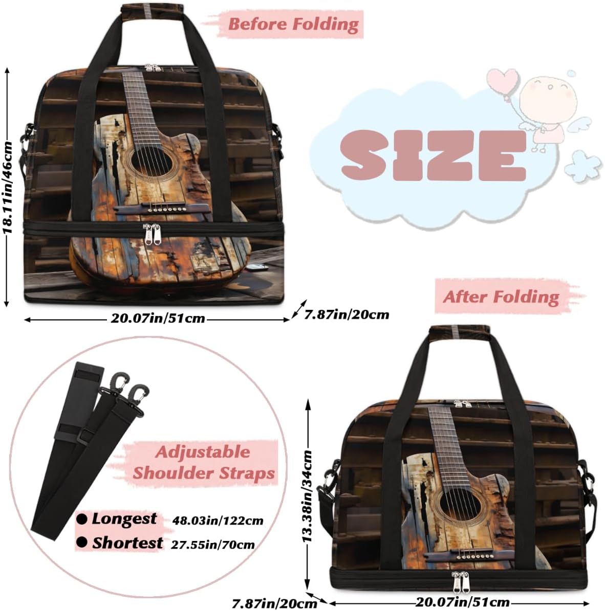 QsirBC Guitars Theme Pattern Gym Bag for Women Duffle Tote with Shoes Compartment Men Weekender Duffel for Dance Travel Sports Swimming Overnight