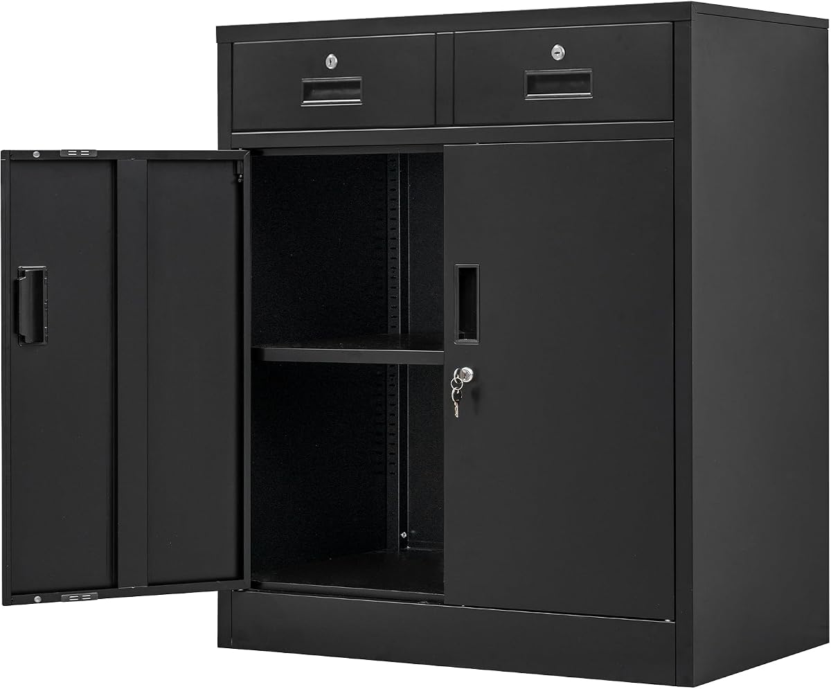 Wanfu Metal Storage Cabinet, 36" H Locking Storage Cabinet with 2 Drawers and Adjustable Shelf, Metal Cabinets for Office, Garage, Home-Black
