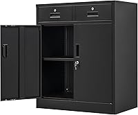Wanfu 36" Locking Metal Storage Cabinet with 2 Drawers & Adjustable Shelf - Secure Garage Office Home Organizer Black