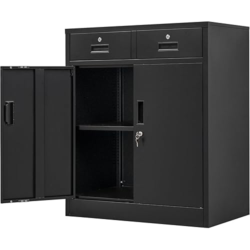 Metal Storage Cabinet, 36" H Locking Storage Cabinet with 2 Drawers and Adjustable Shelf, Metal Cabinets for Office, Garage, Home-Black