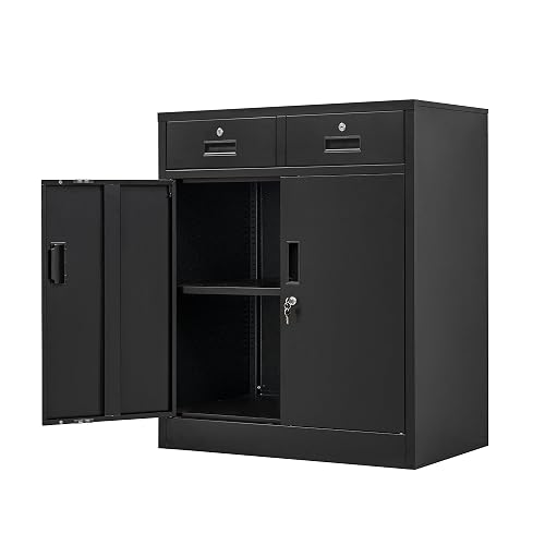 Wanfu Metal Storage Cabinet, 36" H Locking Storage Cabinet with 2 Drawers and Adjustable Shelf, Metal Cabinets for Office, Garage, Home-Black