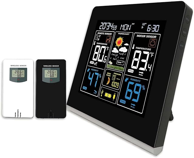 Think Gizmos Multi Function Weather Station with 2 Outdoor Sensors, Thermometer, Alarm Clock, Weather Forecaster, Moon Phase Display, Colour Display and USB Charging Port