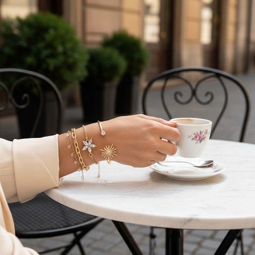 Stackable Gemstone & Rhinestone Bracelets Set with Faux Pearl Decor | 4pcs Dainty Stacking Cuff Bracelets, Flower Design Water Drill Chain Bracelet for Women - Versatile Layered Jewelry Gift Set - Image 8