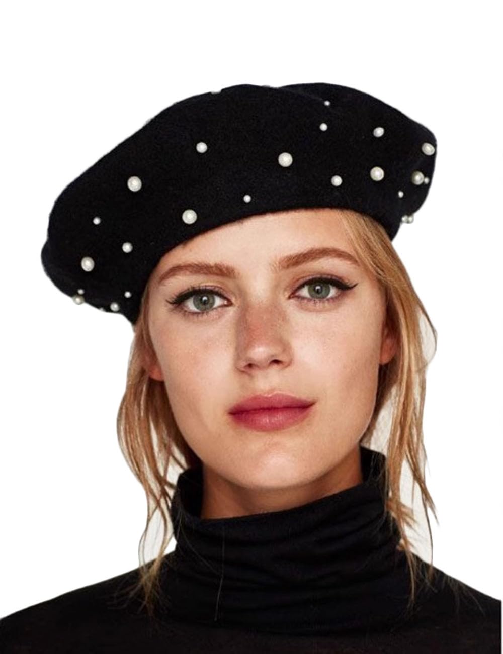Purfanree Women's Scatteredpearl Black Girls Beaded Pearl Rhinestone Wool French Beret Hat Winter Artist Painter Hats Beanie Cap, One Size