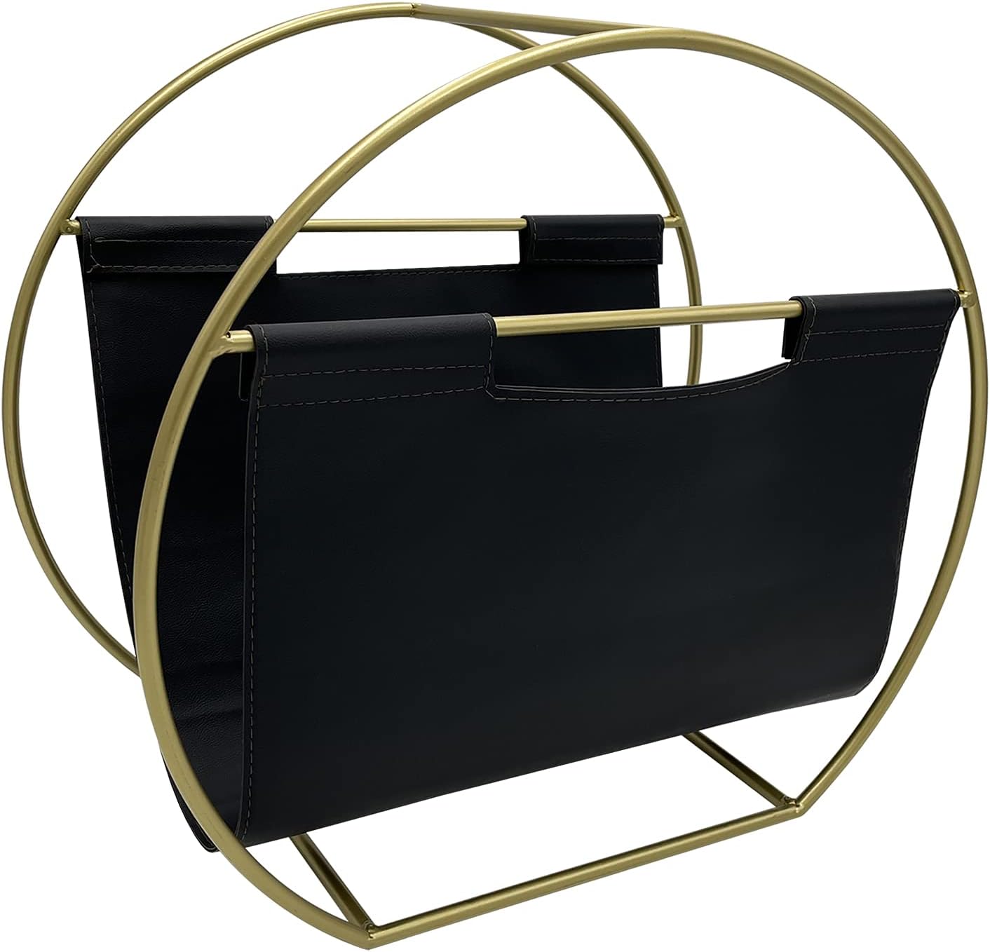 Becki Owens Magazine Holder - Black Leather and Gold Metal Design - File Organizer Rack for Desktop - Free Standing Floor Storage for Living Room, Office, Bathroom, Doctor's Office - Circle