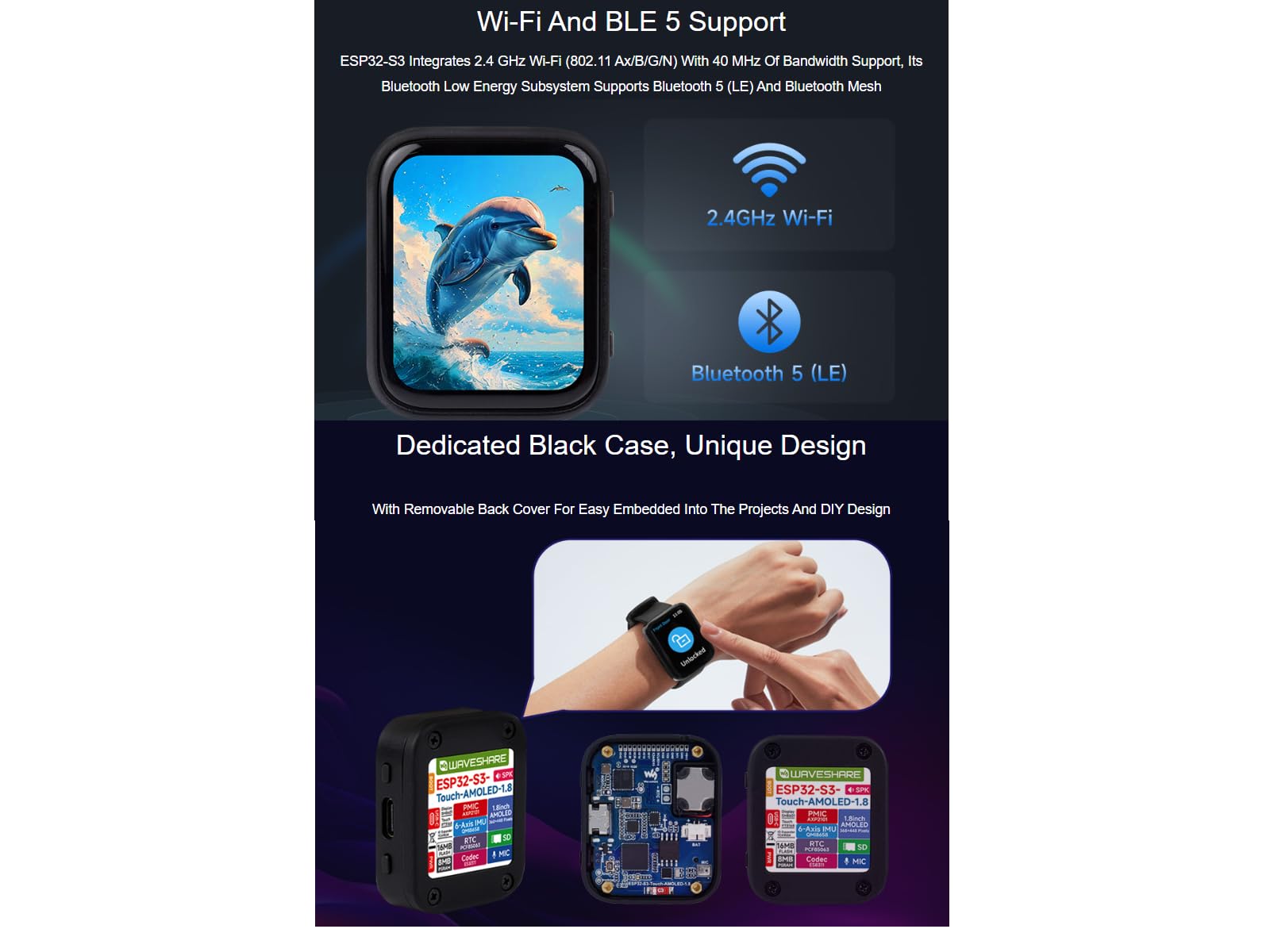 ESP32-S3 1.8inch AMOLED Touch Display Development Board 368×448 Pixels 16.7M Color Display,Wi-FI and BLE 5 Support,Onboard Audio Codec