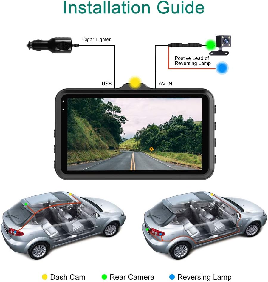 Wiring diagram for dash cam installation, showing connections from cigar lighter to dash cam, and rear camera to dash cam and reversing lamp.