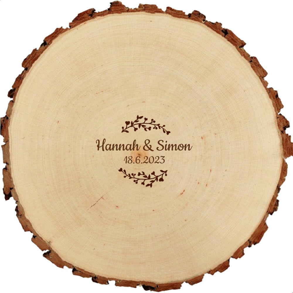 Baumscheibe 23cm mit Gravur (Namen) personalisiert, Holz-Scheibe als Gästebuch, Geschenk-Idee zur Hochzeit Geburtstag Taufe Kommunion, Motiv D3