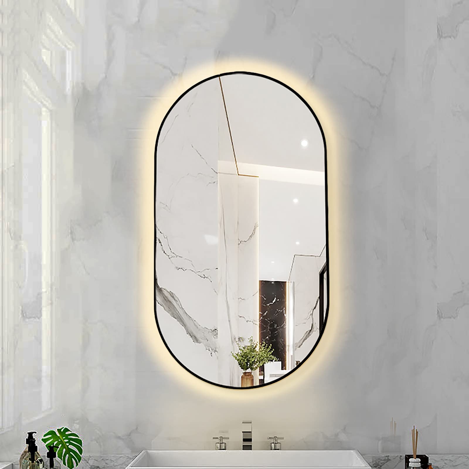 FGXHHS LED Oval with Metal Frame, Backlit Illuminated Lighted Wall Hanging Vanity for Bedroom Entryway (Color : Black Frame - Warm Light, Size 40X70CM)