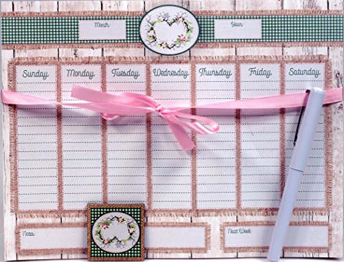 Creative Hobbies Magnetic Weekly Calendar Memo Notepad Set, 52 Sheets with Pen & Decorative Magnet -Country Heart Design