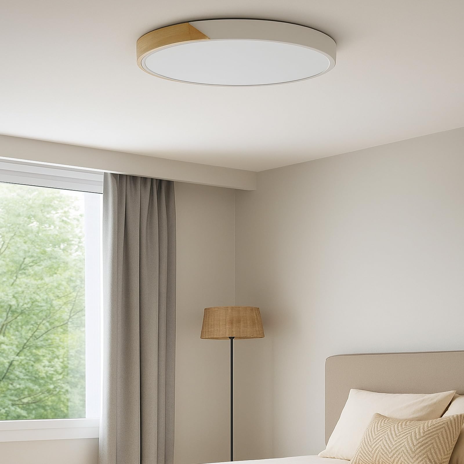 Alpinaluz Plafón LED de Techo Ø50 cm – Metal Blanco y Madera Natural – 40W con Luz Regulable CCT (3000K/4000K/6000K) – Estilo Nórdico Moderno para Salón, Comedor o Dormitorio