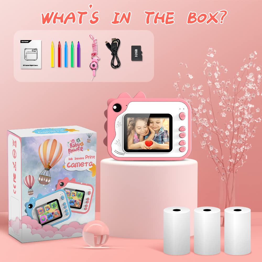 Ukuu Macchina Fotografica Istantanea per Bambini, 1080P Digitale Fotocamera Istantanea 2,4 Pollici Schermo con 32GB Scheda SD, 5 Penne colorate,Regalo di Compleanno per Bambini Dai 3 ai 12 Anni - Rosa