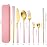 AARAINBOW 6 Pieces Stainless Steel Flatware Set Portable Reusable Cutlery Set Travel Utensils Set Including Chopsticks Knife Fork Spoon Straws Cleaning Brush Dishwasher Safe (B-Pink golden)
