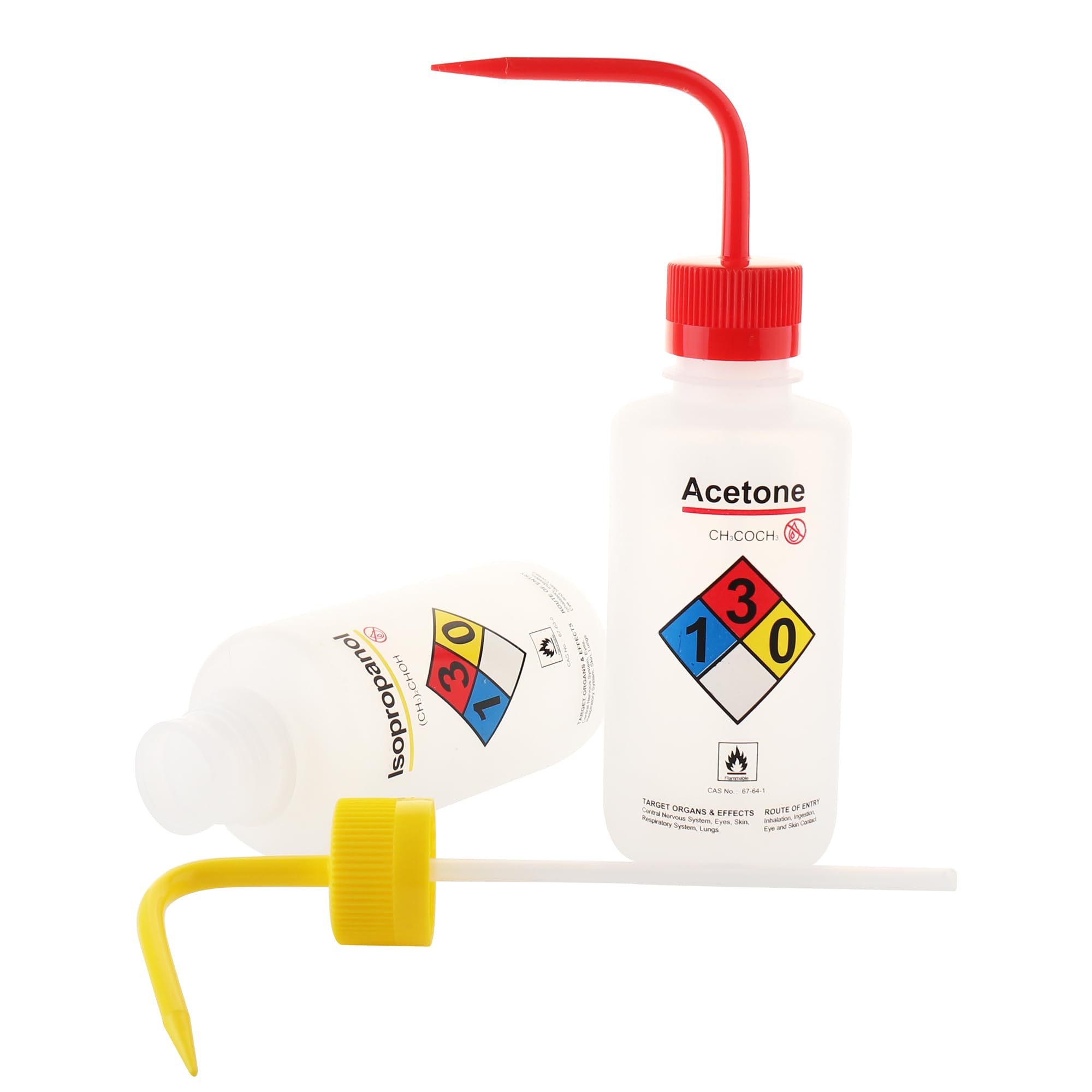 Bezpieczne butelki do mycia, aceton, 6 szt., z nazwą chemiczną. Objętość 500 ml, materiał LDPE, z zamknięciem materiału PP, nakrętka w kolorze czerwonym. WBA500A6