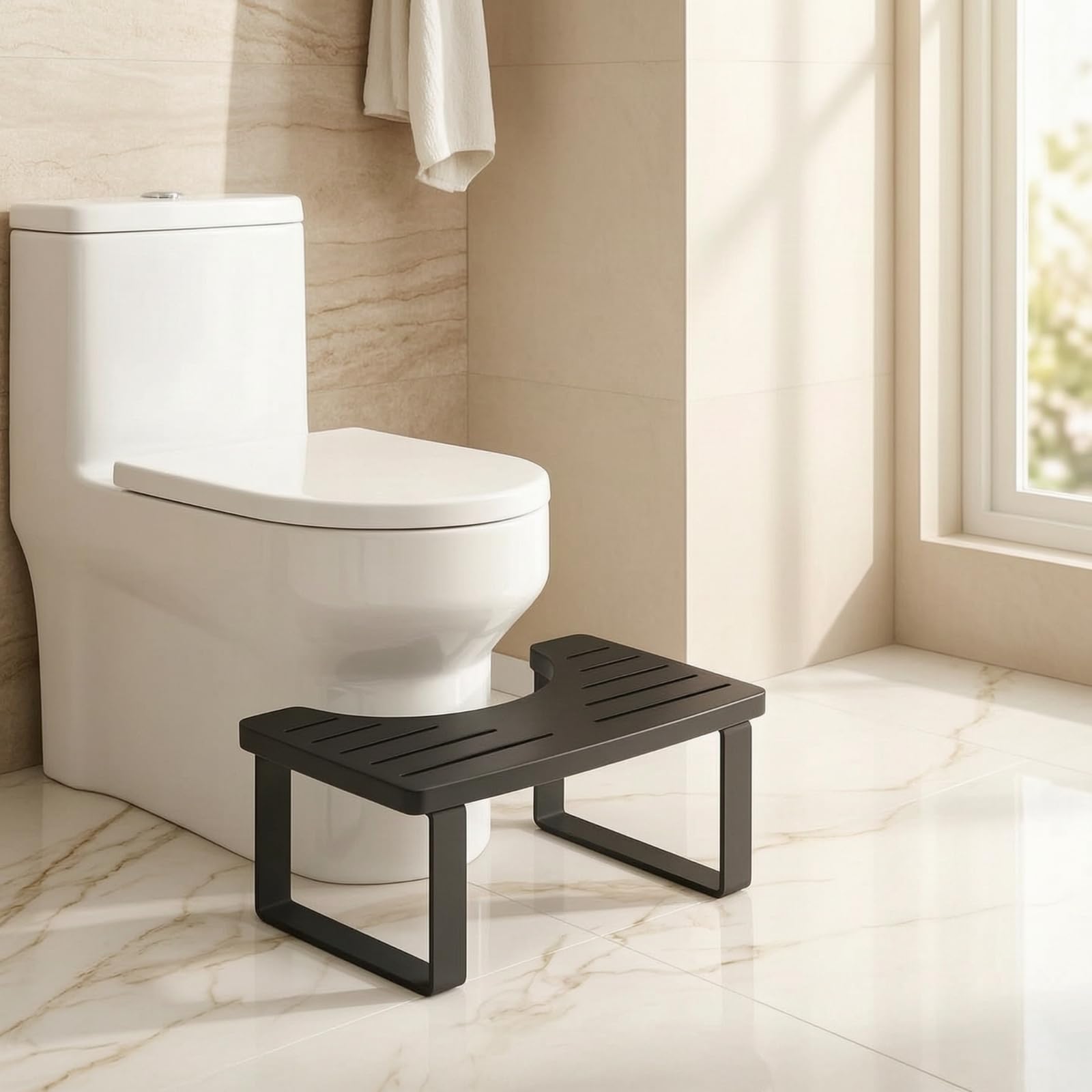 LOVIVER Sgabello Bagno Poggiapiedi Sedia Pedana Toeletta Bambù Curvo Struttura Metallo Robusta Taglio Centrale per Presa Superficie con Scanalature Compatto, Nero