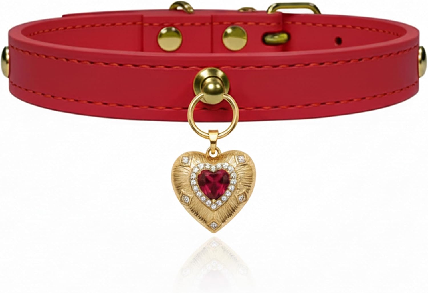 Faux Leather Pet Collar for Small Dogs & Cats - Adjustable Puppy & Kitten Collar with Gold Heart Crystal Charm, Pet Collar, Fashion Accessory Gift (Ruby Red, Average（Neck Girth 8.5"–13.5"）)